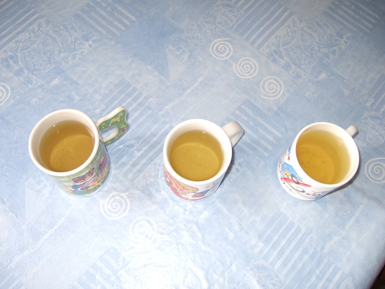 Three mugs of freshly brewed green tea, a source of catechin polyphenols studied as an adjunct in periodontal therapy